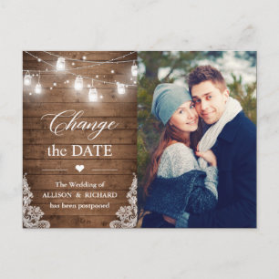 Change the Date Rustic Wood String Lights Photo Postcard