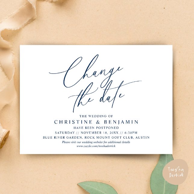 Change the date, Save our new wedding date card (Change the date, Save our new wedding date modern romantic card in Navy Blue)
