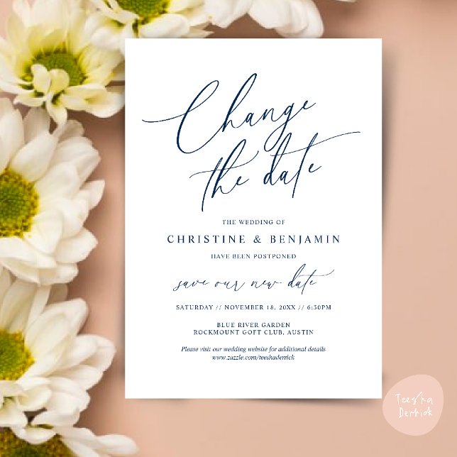 Change the date, Save our new wedding date card (Change the date, Save our new wedding date modern romantic card in Navy Blue)