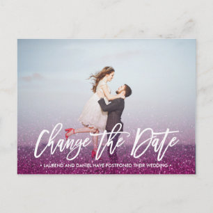 CHANGE THE DATE typography Glitter Purple photo Announcement Postcard