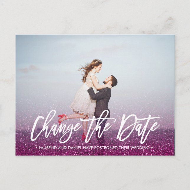 CHANGE THE DATE typography Glitter Purple photo Announcement Postcard (Front)