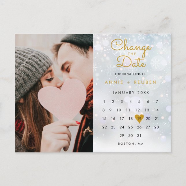 Change the Date Update Calendar Photo Winter Announcement Postcard (Front)