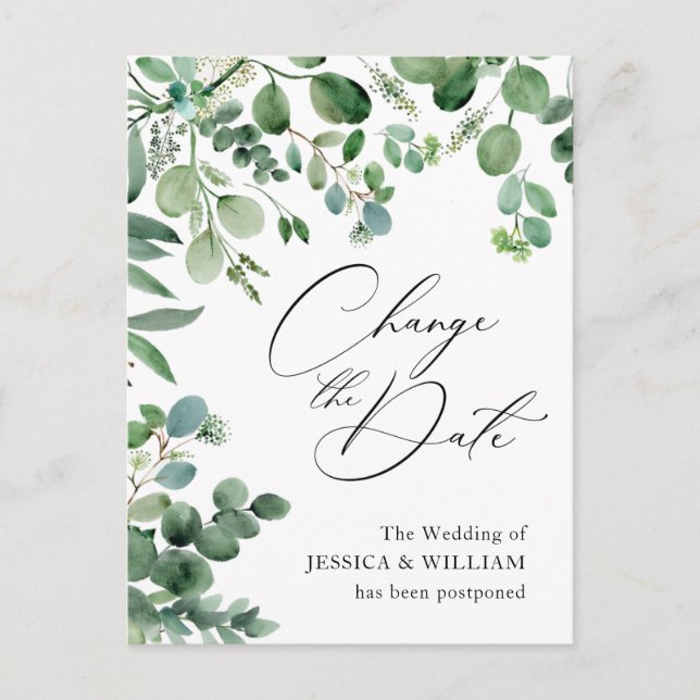 Change the Date Watercolor Eucalyptus Wedding Postcard (Front)