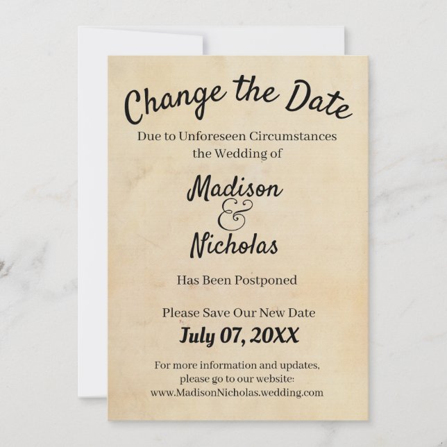 Change the Date Wedding Postponed Brown Parchment Save The Date (Front)