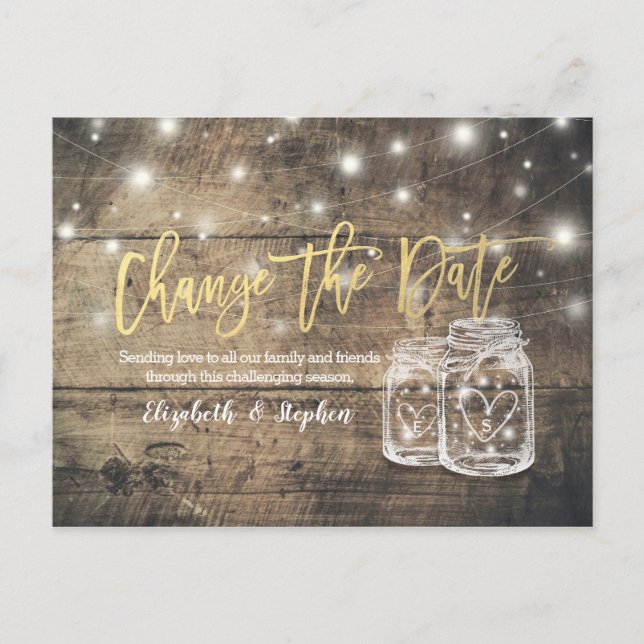 Change The Date Wedding Postponement Mason Jars Announcement Postcard (Front)