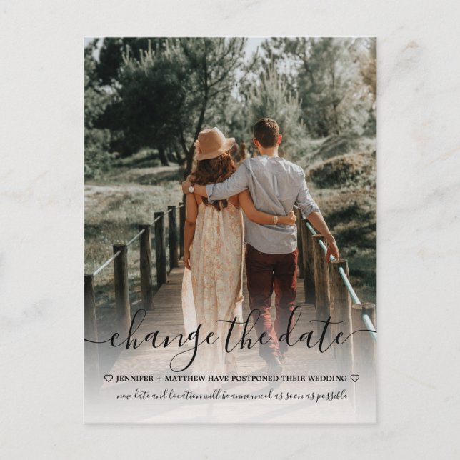 Change the Date Wedding Typography Photo Announcement Postcard (Front)