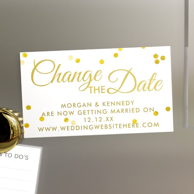 Change the Date White Gold Confetti Magnetic Cards (Change or Save your wedding date with these white and gold magnetic business cards)
