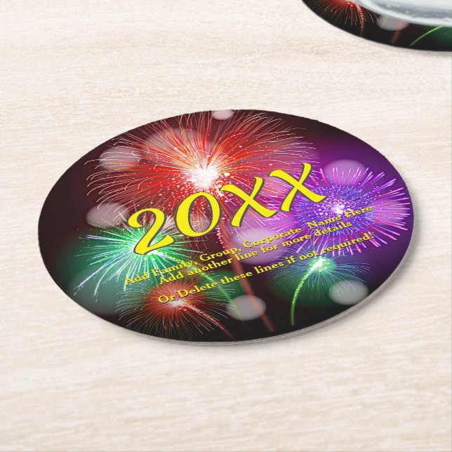 Change Year, Add Any Name Text New Year Fireworks  Round Paper Coaster (Angled)