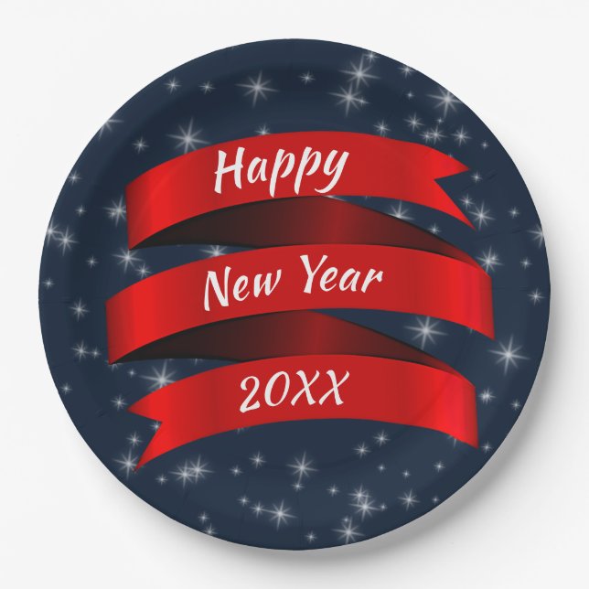 Change Year Text Happy New Year 20xx Red Ribbon 9" Paper Plate (Front)