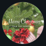 Changeable Merry Christmas Text Gifts Template Classic Round Sticker<br><div class="desc">Changeable Merry Christmas Text Tree And Gifts Elegant Template Classic Round Sticker.</div>