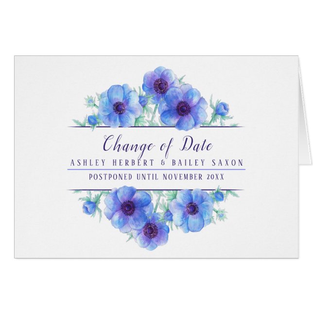 Changement de date anemone mariage bleu carte repo (Devant horizontal)