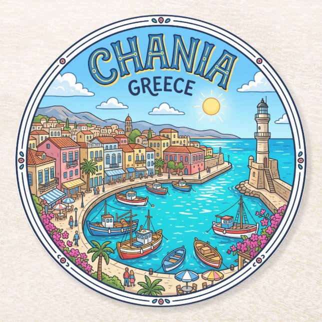 Chania Old Harbour Greece Round Paper Coaster (Front)