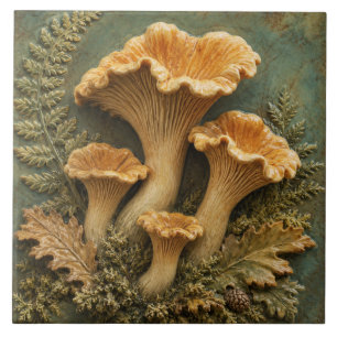 Chanterelle Mushrooms and Woodland Ferns Tile
