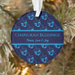 CHANUKAH BLESSINGS Customized Dreidel Blue Cyan Ornament<br><div class="desc">Stylish, elegant ornament for your HANUKKAH decor. Design shows a cyan dreidel print in a tiled pattern with customizable placeholder text which you can replace with your own choice of greeting and text. The colour scheme is midnight blue and cyan. Other versions are available. Matching items can be found in...</div>