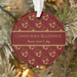 CHANUKAH BLESSINGS Customized Dreidel Burgundy Ornament<br><div class="desc">Stylish, elegant ornament for your HANUKKAH decor. Design shows a gold-coloured dreidel print in a tiled pattern with customizable placeholder text which you can replace with your own choice of greeting and text. The colour scheme is burgundy and gold. Other versions are available. Matching items can be found in the...</div>