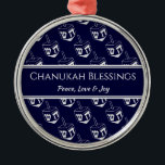 CHANUKAH BLESSINGS Customized | Dreidel GRAY Metal Ornament<br><div class="desc">Stylish, elegant ornament for your HANUKKAH decor. Design shows a SILVER GRAY dreidel print in a tiled pattern with customizable placeholder text which you can replace with your own choice of greeting and text. The colour scheme is midnight blue and SILVER GRAY. Other versions are available. Matching items can be...</div>