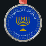 CHANUKAH BLESSINGS | Menorah | Hanukkah Metal Ornament<br><div class="desc">Stylish Cobalt Blue CHANUKAH BLESSINGS Metal Ornament with faux silver Star of David in a tiled pattern in the background, and a faux gold menorah at the centre. The text reads CHANUKAH BLESSINGS FROM OUR HOME TO YOURS and is CUSTOMIZABLE, so you can amend the message as desired, or replace...</div>