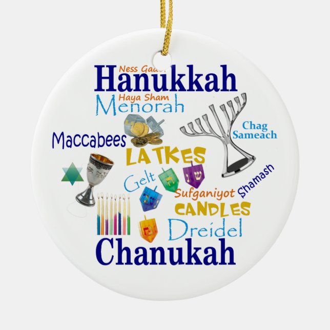 Chanukah Collage/Light the Lights Ceramic Ornament (Front)