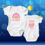 Chanukah Cute Personalized Menorah Rainbow  Baby Bodysuit<br><div class="desc">Personalize this Baby's First Chanukah Rainbow Menorah Chanukah. Hanukkah Baby Bodysuit. The popular Rainbow design that flips over to become a cheerful Hanukkah/ Chanukah menorah on the Reverse will surely make everyone smile! This adorable gift is a fun way to celebrate a new baby and the Holiday of Hanukkah. All...</div>
