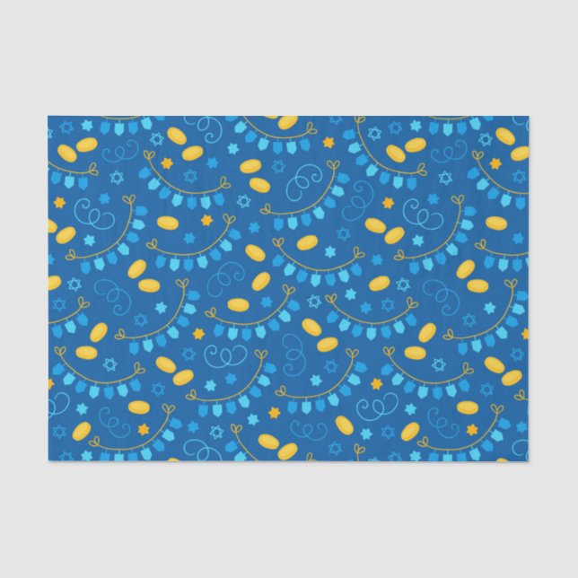 Chanukah Dreidel Banners Gelt Gifts Blue Tissue Paper (Front)