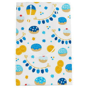 Chanukah Dreidels Doughnuts Gold Blue White Medium Gift Bag