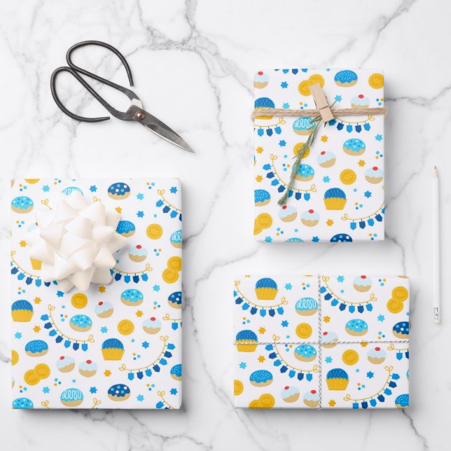 Chanukah Dreidels Doughnuts Gold Blue White Wrapping Paper Sheet (Front)