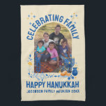Chanukah FAMILY REUNION Custom Photo Name HANUKKAH Kitchen Towel<br><div class="desc">Stylish kitchen towel souvenir for HANUKKAH FAMILY REUNION with CUSTOMIZABLE PHOTO AND NAME. Ideal memento of your special family occasion. Design includes popular Chanukah elements including dreidel, menorah, latke, and Star of David, in blue and orange colorway. Upload your photo and personalize with your name and/or title of your event....</div>