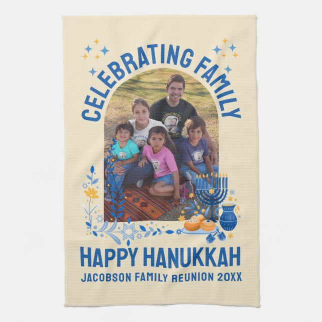 Chanukah FAMILY REUNION Custom Photo Name HANUKKAH Kitchen Towel (Vertical)