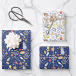 Chanukah Flat Gift Wrap (3 sheets)<br><div class="desc">All the icons of the Chanukah season in three sheets of wrap--one with a white background, two with blue, </div>
