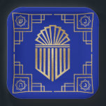 Chanukah/Hanukkah Art Deco Gold Blue Dreidels Paper Plate<br><div class="desc">Hanukkah/Chanukah, Art Deco Dreidel design. This gold, fancy, shmancy dreidel design can be personalized by changing out background colour, and adding text anywhere on plate using your favourite font colour, size, and style. Thanks for stopping and shopping by. Much appreciated! Happy Chanukah/Hanukkah! Size and Style: 9" Square Paper Plate Throw...</div>
