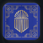 Chanukah/Hanukkah Art Deco Gold Blue Dreidels Paper Plate<br><div class="desc">Hanukkah/Chanukah, Art Deco Dreidel design. This gold, fancy, shmancy dreidel design can be personalized by changing out background colour, and adding text anywhere on plate using your favourite font colour, size, and style. Thanks for stopping and shopping by. Much appreciated! Happy Chanukah/Hanukkah! Size and Style: 9" Square Paper Plate Throw...</div>