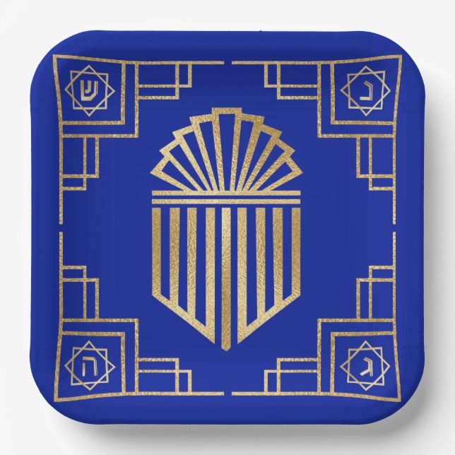 Chanukah/Hanukkah Art Deco Gold Blue Dreidels Paper Plate (Front)