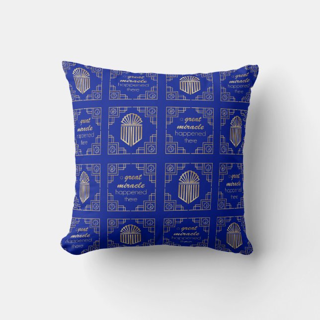 Chanukah/Hanukkah Art Deco Gold Blue Dreidels Throw Pillow (Front)