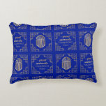 Chanukah/Hanukkah Art Deco Gold Dreidels Accent Pillow<br><div class="desc">Hanukkah/Chanukah, Art Deco style, gold dreidels on blue background. Two sided pillow which comes in 3 fabric choices (price will change depending on choice of fabric.) Personalize front and back by deleting, text and adding your own. Use your favourite font size, style and colour. Background colour can be replaced by...</div>