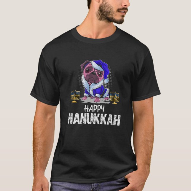 Chanukah Hanukkah Pajamas Pug Dog Santa Menorah Ch T-Shirt (Front)