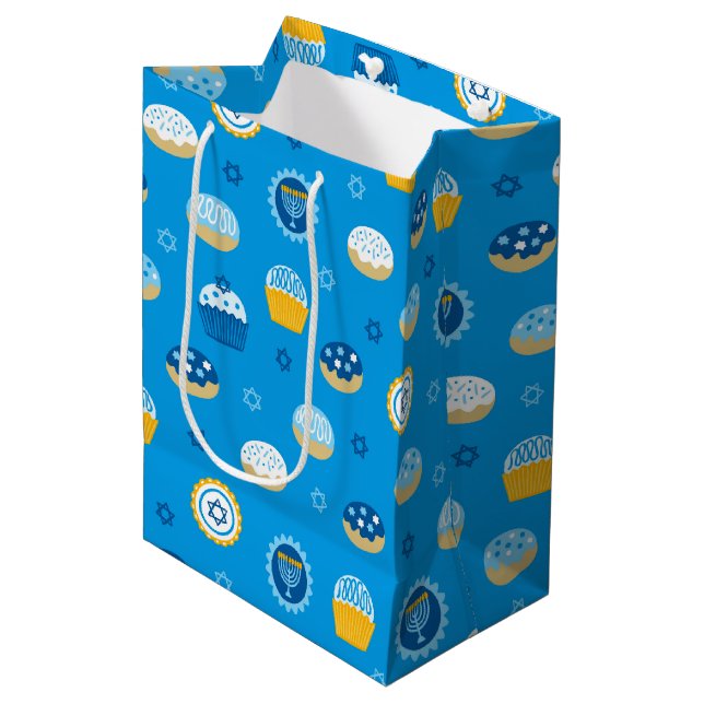 Chanukah Jewish Star Cupcakes Blue Medium Gift Bag (Front Angled)
