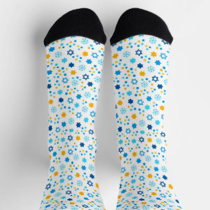 Chanukah Jewish Stars Snowflakes White Blue Gold  Socks