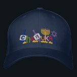 Chanukah Letters Embroidered Hat<br><div class="desc">Hanukkah design features text made from dreidel, Menorah, Star of David and gold coins.</div>