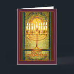 Chanukah Lights, Menorah in Stained Glass Window Holiday Card<br><div class="desc">The menorah is ablaze with the lights of Chanukah which shine brightly against a background of abstract shapes that give the illusion of stained glass. This lovely design for the Jewish holiday of Chanukah seems to glow with a light of its own in warm tones of amber, yellow and gold,...</div>