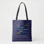 CHANUKAH Love Joy Peace BLUE Hebrew Tote Bag<br><div class="desc">Colourful festive TOTE BAG with faux silver Star of David in subtle background pattern. LOVE JOY PEACE including Hebrew translations are colour-coded.. Text is customizable in case you wish to change anything. HAPPY CHANUKAH is also customizable. Part of the HANUKKAH Collection</div>