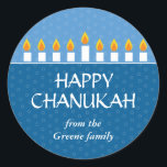 Chanukah Menorah Classic Round Sticker<br><div class="desc">Today's Best Award - September 14, 2010 Light the menorah and share your joy on Chanukah. A photocard that showcases your loved ones crowned by a fully-lit Chanukah menorah. All text is customizable and sits against panels of royal and light blue with a subtle circle pattern. Available in alternate colours...</div>