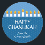 Chanukah Menorah Classic Round Sticker<br><div class="desc">Today's Best Award - September 14, 2010 Light the menorah and share your joy on Chanukah. A photocard that showcases your loved ones crowned by a fully-lit Chanukah menorah. All text is customizable and sits against panels of royal and light blue with a subtle circle pattern. Available in alternate colours...</div>