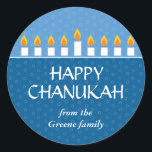 Chanukah Menorah Classic Round Sticker<br><div class="desc">Today's Best Award - September 14, 2010 Light the menorah and share your joy on Chanukah. A photocard that showcases your loved ones crowned by a fully-lit Chanukah menorah. All text is customizable and sits against panels of royal and light blue with a subtle circle pattern. Available in alternate colours...</div>