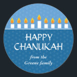 Chanukah Menorah Classic Round Sticker<br><div class="desc">Today's Best Award - September 14, 2010 Light the menorah and share your joy on Chanukah. A photocard that showcases your loved ones crowned by a fully-lit Chanukah menorah. All text is customizable and sits against panels of royal and light blue with a subtle circle pattern. Available in alternate colours...</div>