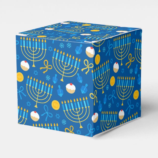Chanukah Menorah Gelt Dreidel Blue Favor Box (Front Side)