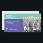 Chanukah Menorah Photo Card<br><div class="desc">Light the menorah and share your joy on Chanukah. A photocard that showcases your loved ones crowned by a fully-lit Chanukah menorah. All text is customizable and sits against panels of rich purple and teal with a subtle circle pattern, highlighted by a Star of David in the corner. Available in...</div>
