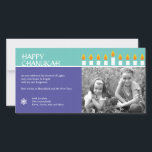 Chanukah Menorah Photo Card<br><div class="desc">Light the menorah and share your joy on Chanukah. A photocard that showcases your loved ones crowned by a fully-lit Chanukah menorah. All text is customizable and sits against panels of rich purple and teal with a subtle circle pattern, highlighted by a Star of David in the corner. Available in...</div>