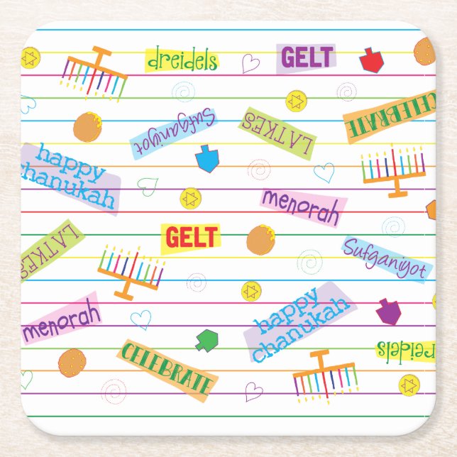 Chanukah Party Time Square Paper Coaster (Front)