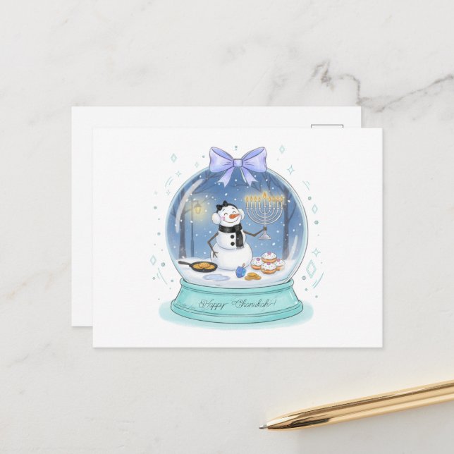Chanukah Snow Globe Holiday Postcard (Front/Back In Situ)