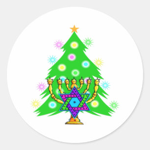 Chanukkah and Christmas Holiday Card Classic Round Sticker